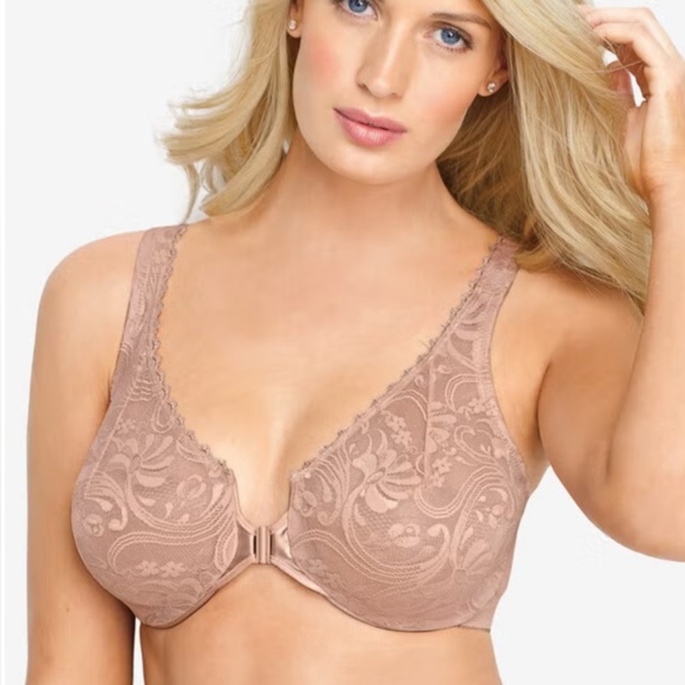 Glamorise 36D Wonderwire Stretch Lace Front-Close Underwire Bra lined no padding